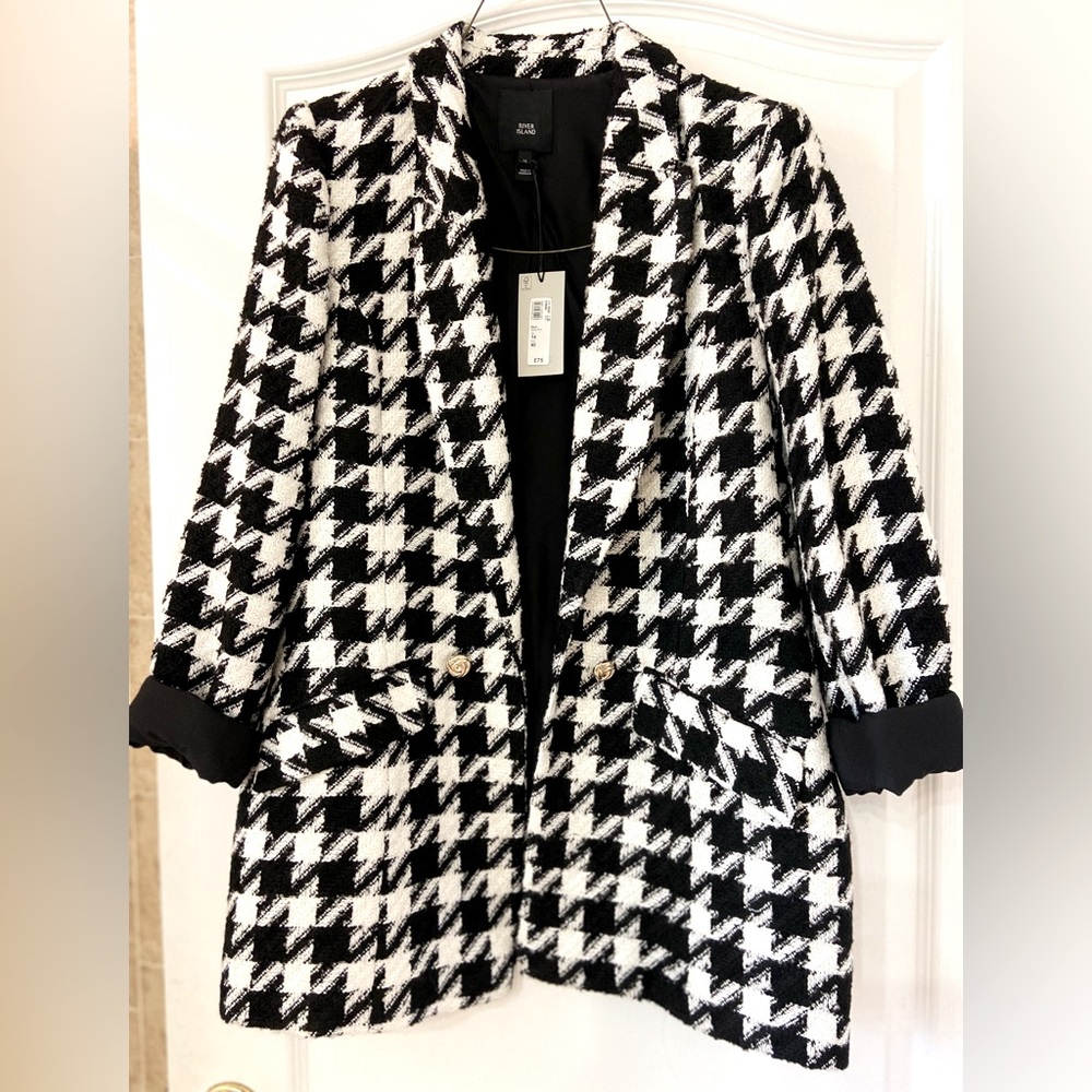River Island Houndstooth Blazer UK 14 NWT black and white